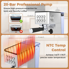 Espresso Machine 20 Bar Compact Stainless Steel Coffee Maker with Milk Frother-Silver