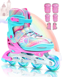 Sportneer Inline Skates for Children 30-41 Adjustable Inline Skates with 6 Protectors Set for Children Girls Women 8 LED Inline Skates Children Rainbow Series